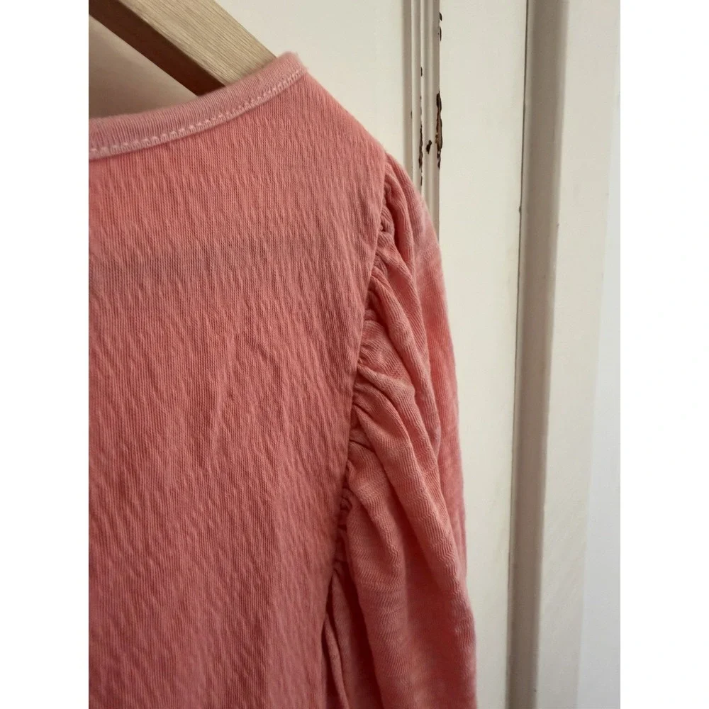 Free People Women's Coral Pink Day Lily‎ Puff Sleeve Blouse Top Size Small $78